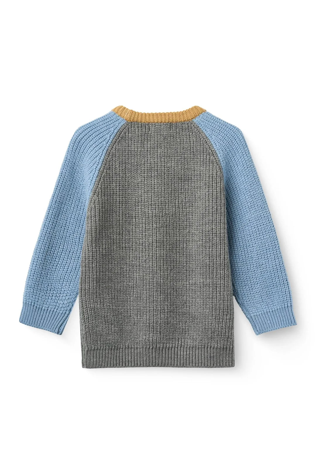 Copenhagen Colors Ripp Wollpullover aus Merinowolle mit grauem Körper, hellblauen Ärmeln und gelbem Ausschnitt, Bärechind Winterthur, Zürich, Schweiz.