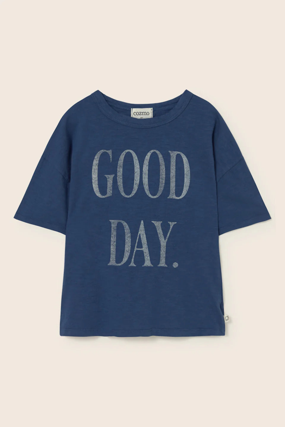 Blaues Kinder T-Shirt „Good Day“ aus Slub-Baumwolle von Cozmo – nachhaltige Kindermode im Bärechind Winterthur