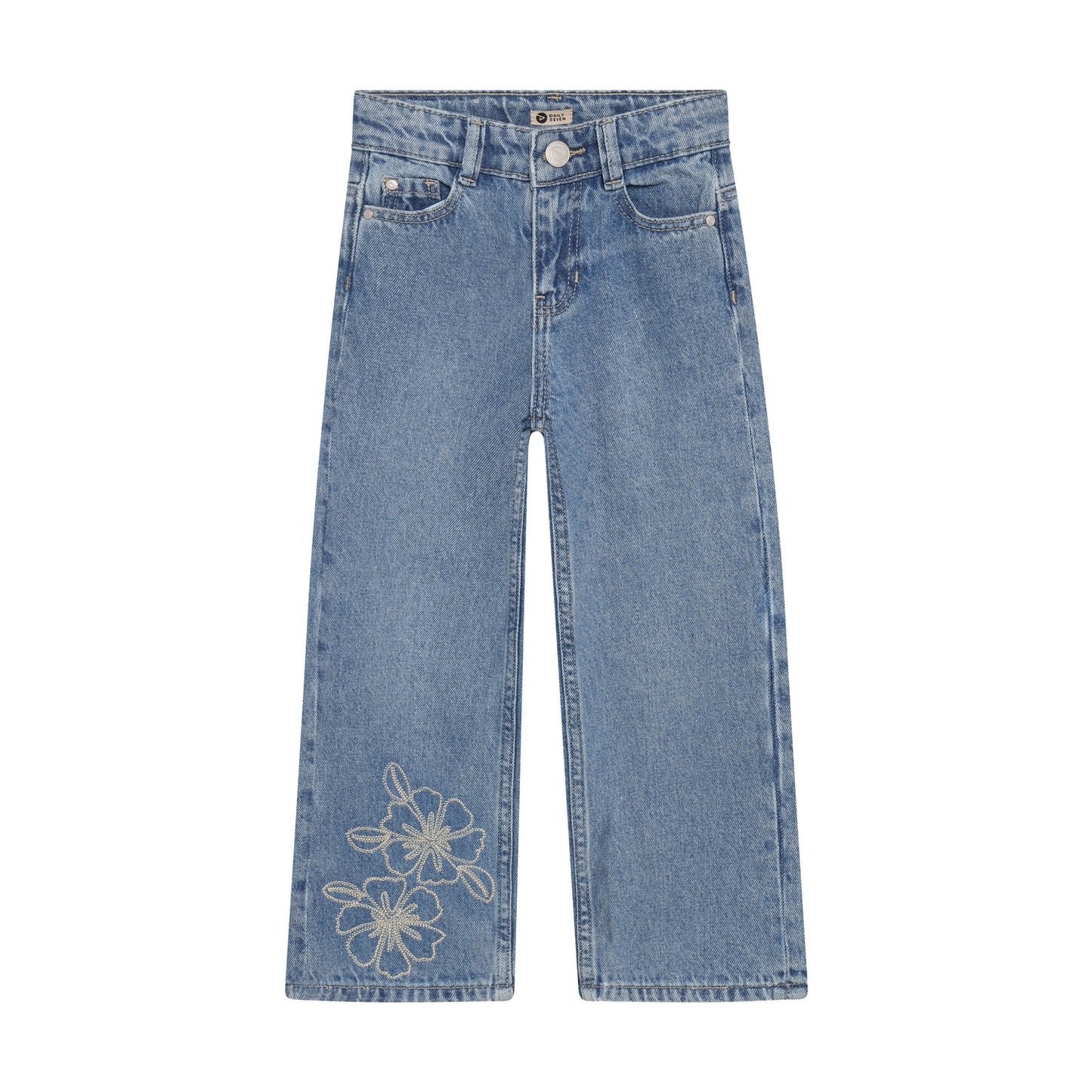 Daily Seven Wide Fit Jeans in Blau mit Blumenstickerei
