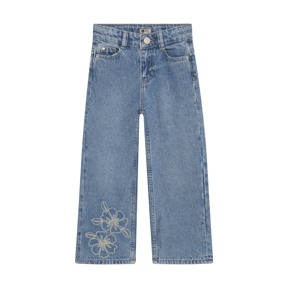 Daily Seven Wide Fit Jeans in Blau mit Blumenstickerei
