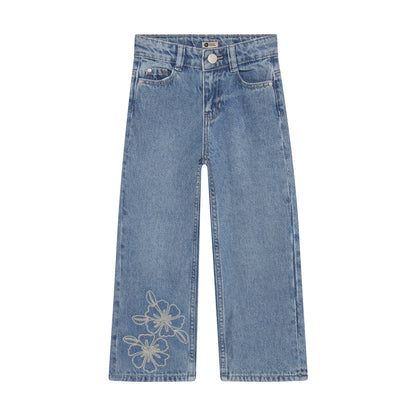 Daily Seven Wide Fit Jeans in Blau mit Blumenstickerei