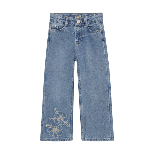 Daily Seven Wide Fit Jeans in Blau mit Blumenstickerei