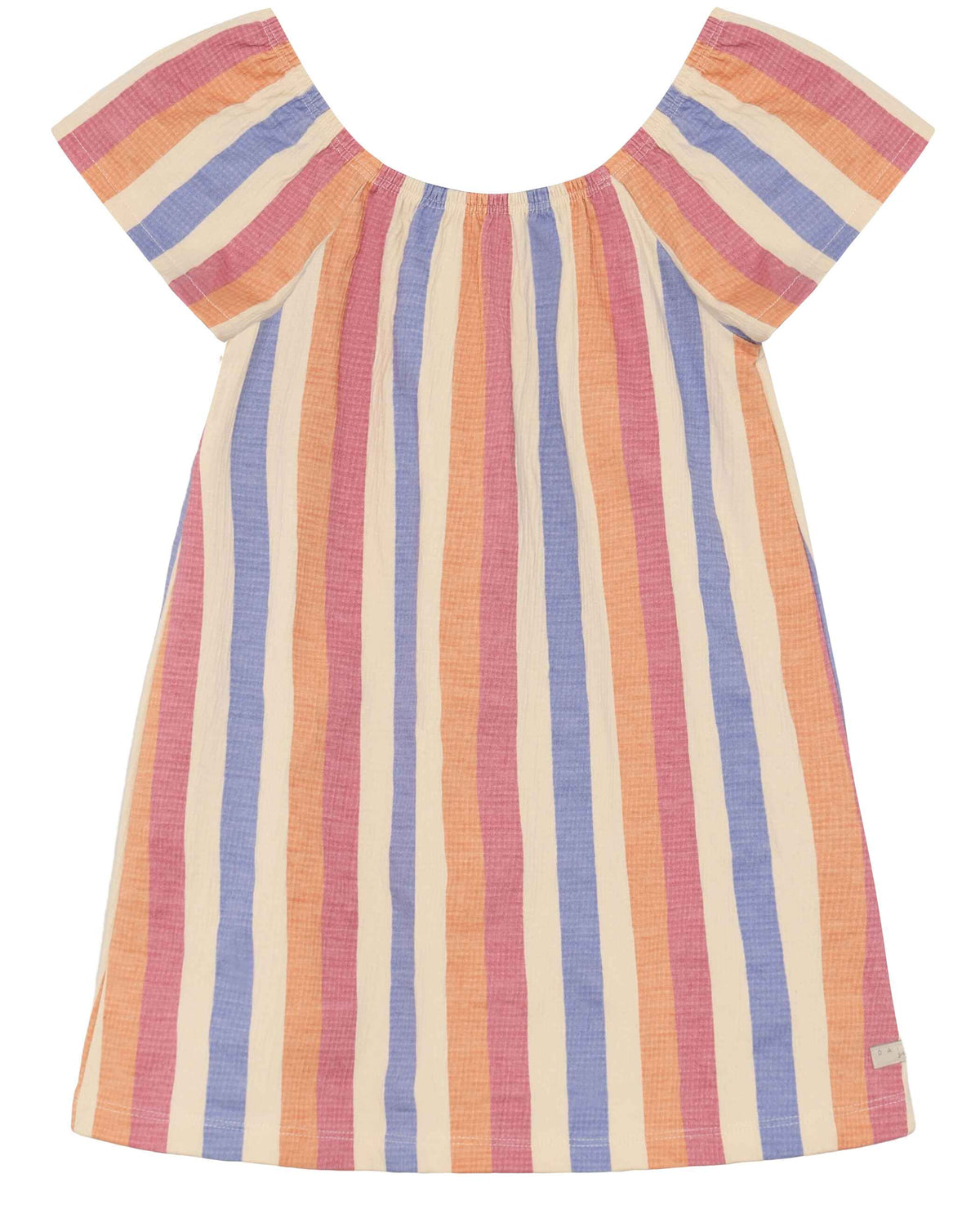 Luftiges Musselin Kinderkleid mit bunten Streifen von Daily7Kids – nachhaltige Kindermode Schweiz