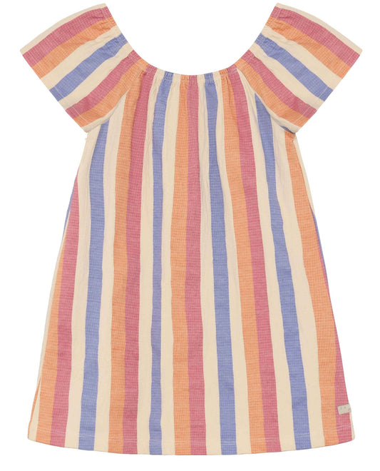 Luftiges Musselin Kinderkleid mit bunten Streifen von Daily7Kids – nachhaltige Kindermode Schweiz