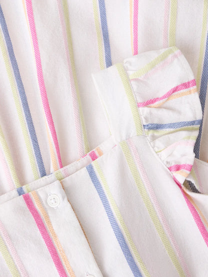 Detailaufnahme bunt gestreifter Chambray Stoff beim Kinderkleid, erhältlich bei Bärechind Winterthur Zürich Schweiz.