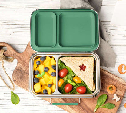 Lekkabox Duo Brotdose befüllt mit Znüni, gesunde Kinder Lunchbox aus Edelstahl in Forest