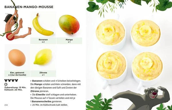 Rezeptseite mit Zutatenfotos aus dem Disney-Kochbuch, maximal 5 Zutaten pro Gericht