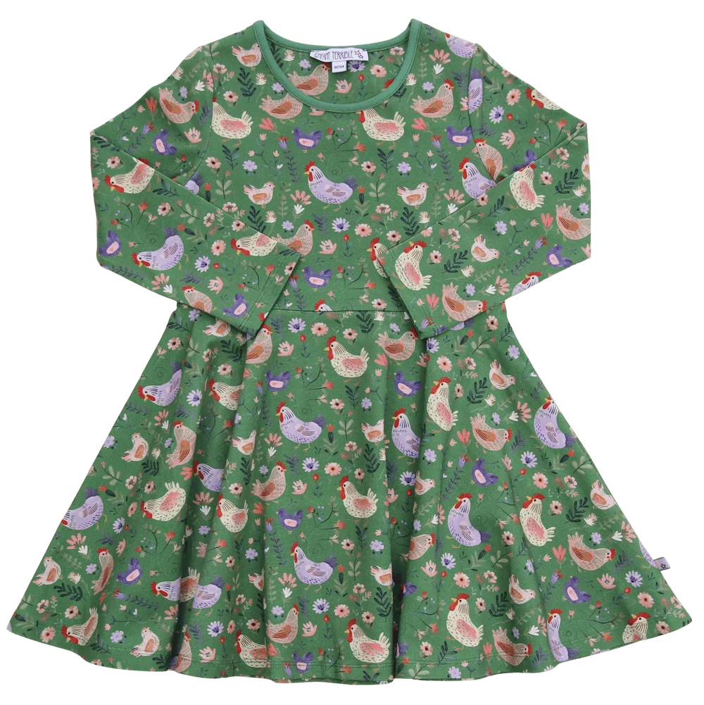 Drehkleid mit buntem Hühnerdruck, Vorderansicht
