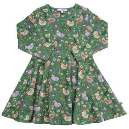 Drehkleid mit buntem Hühnerdruck, Vorderansicht