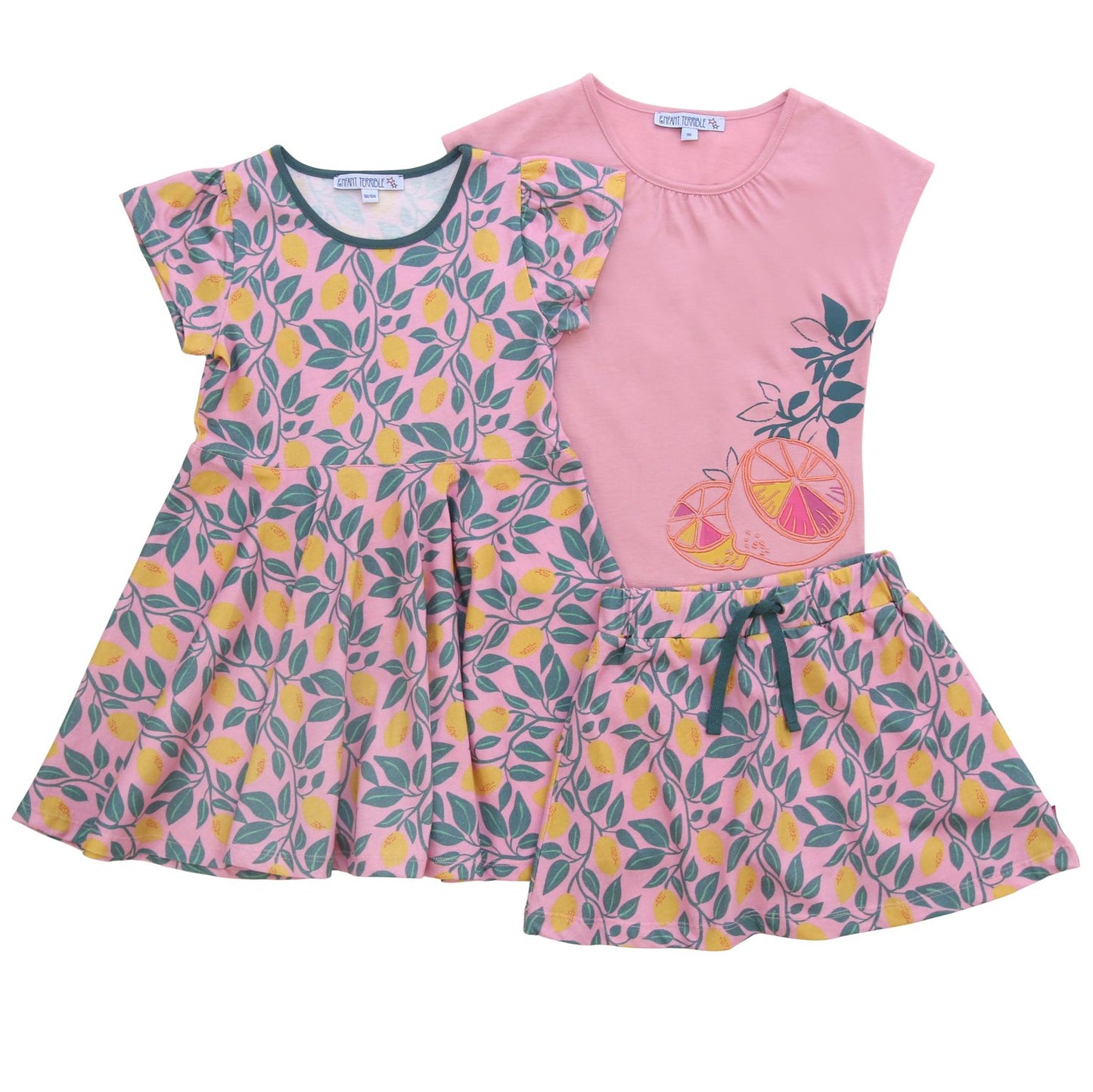 Kinder Outfit mit Hoserock und Kleid im Zitronenprint von Enfant Terrible im Bärechind Winterthur Zürich Schweiz.
