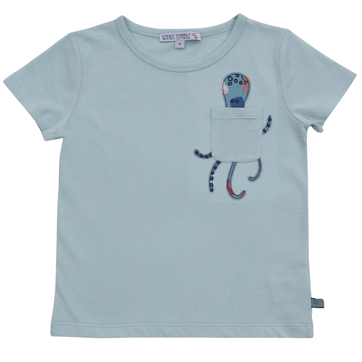 Enfant Terrible Kinder T-Shirt in Blau mit niedlichem Oktopus-Design auf der Brusttasche.
