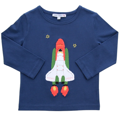 T-Shirt mit Bouclé-Raketenstickerei in navy, Vorderansicht