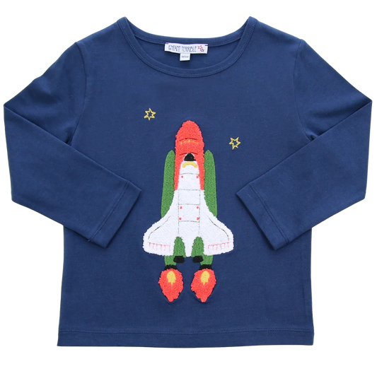 T-Shirt mit Bouclé-Raketenstickerei in navy, Vorderansicht