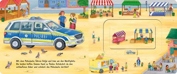 Illustrierte Strassenszene mit Fahrzeugen zum Schieben aus dem Pappbilderbuch Fahr mit, In der Stadt