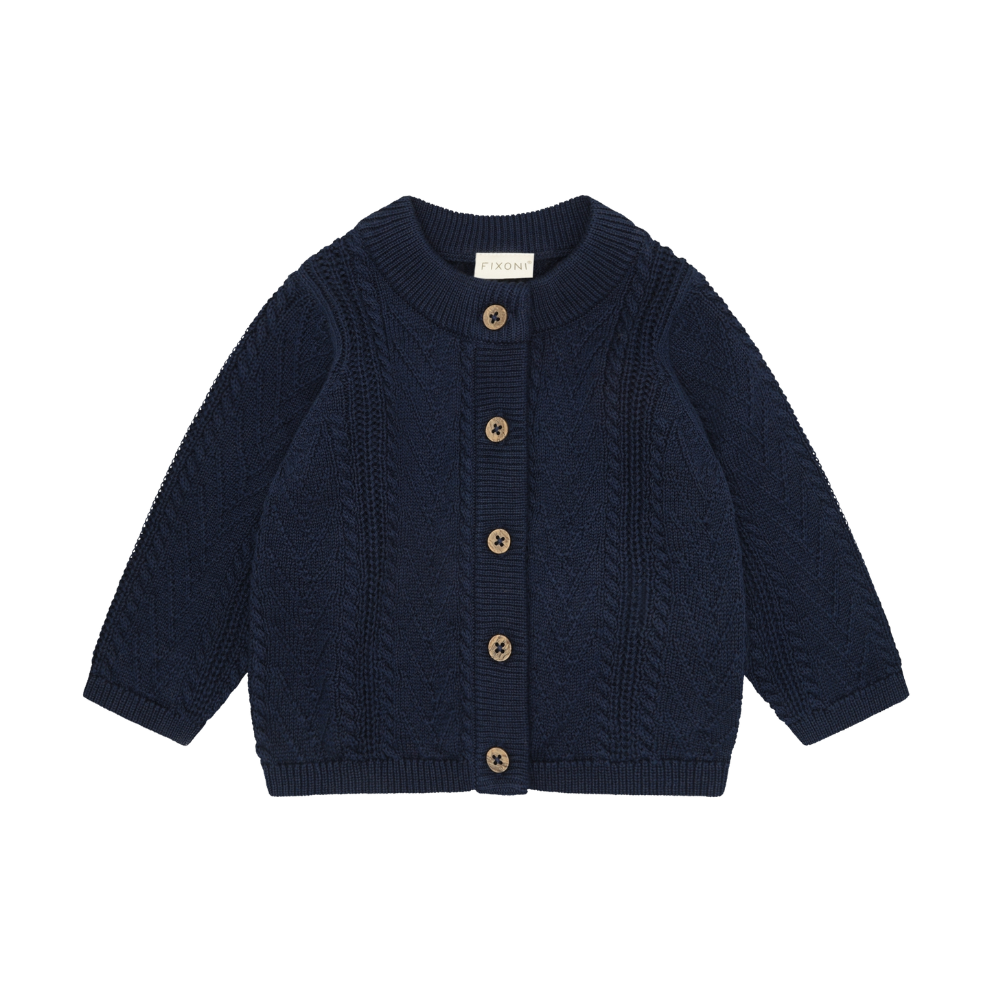 Strickcardigan in dunklem Marineblau mit Knopfverschluss und Zopfmuster