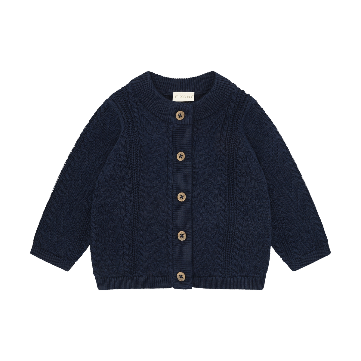 Strickcardigan in dunklem Marineblau mit Knopfverschluss und Zopfmuster