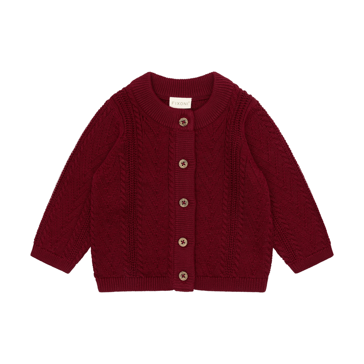 Strickcardigan in warmem Rot mit Knopfverschluss und Zopfmuster