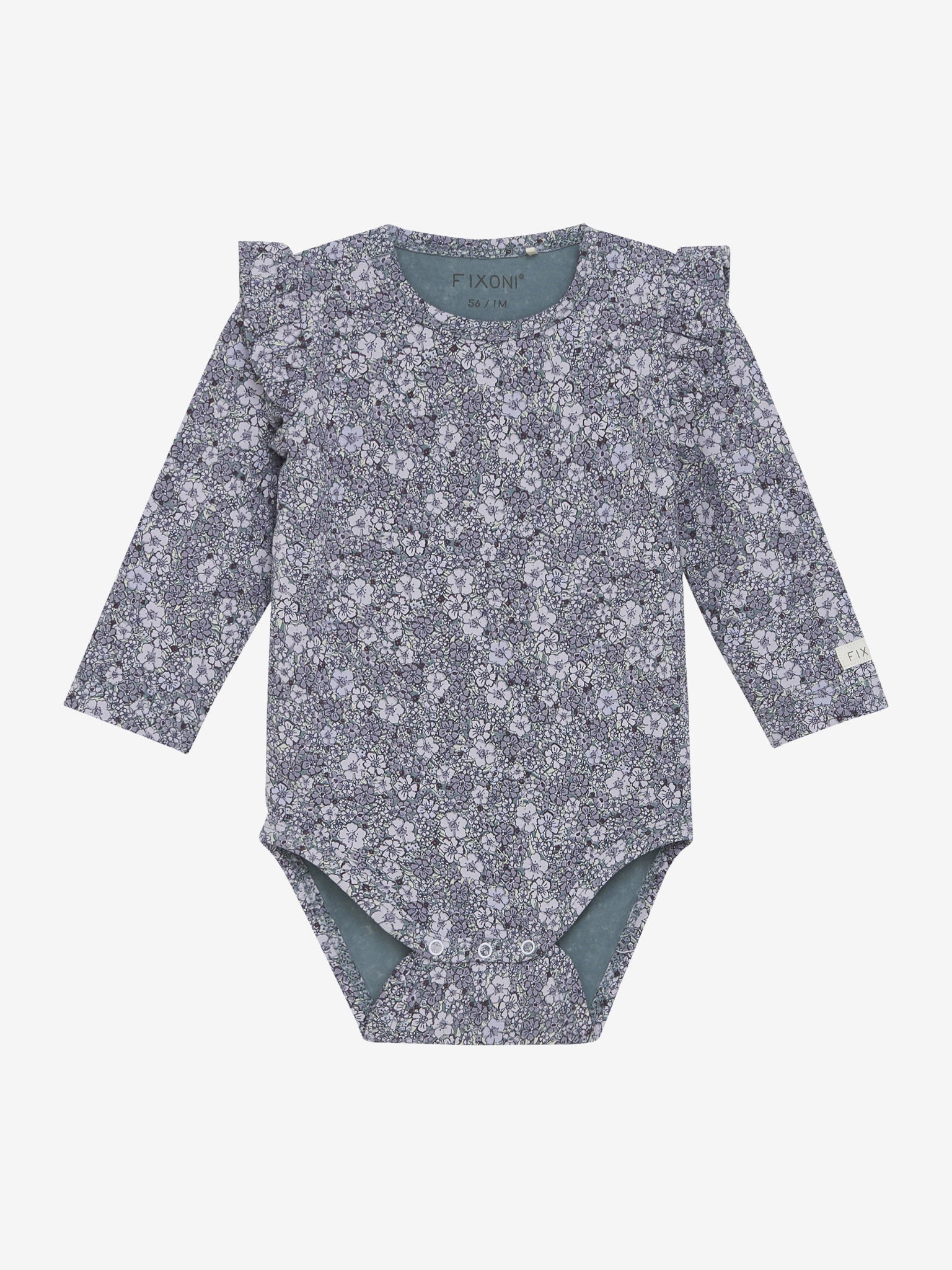Lila Langarmbody mit Blumenprint aus Bio-Baumwolle von Fixoni – erhältlich im Bärechind in Winterthur, Zürich, Schweiz