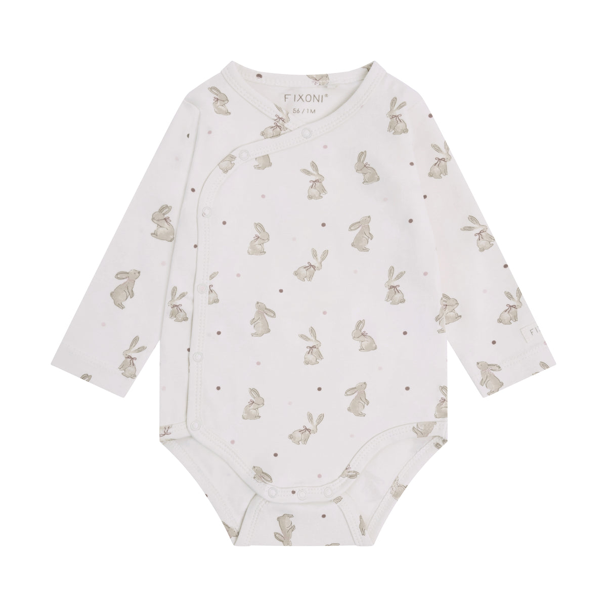 Wickelbody in Pale Lilac mit niedlichem Hasenprint, liegend in der Vorderansicht