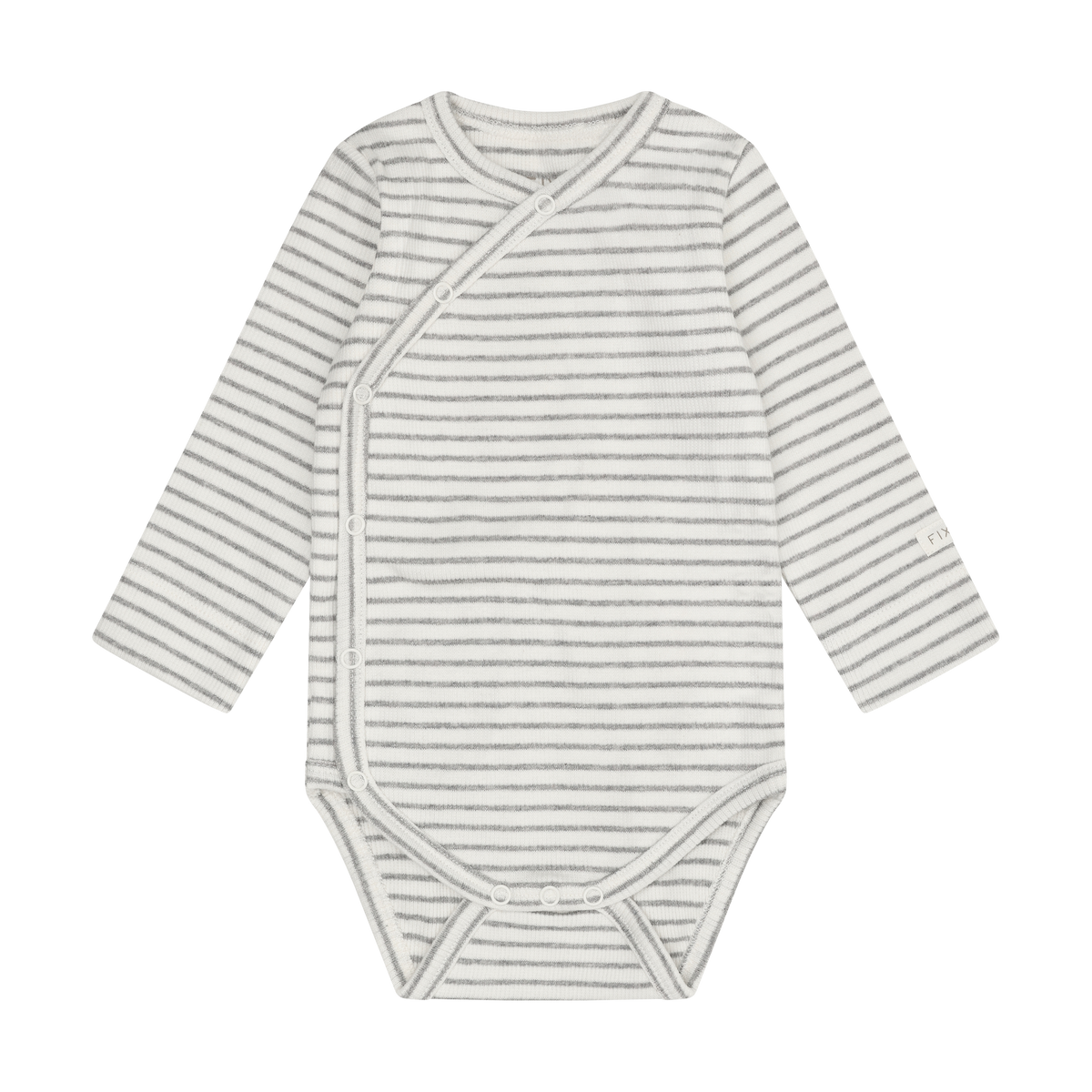 Gestreifter Wickelbody in Flint Gray Melange mit Wickelverschluss, Vorderansicht