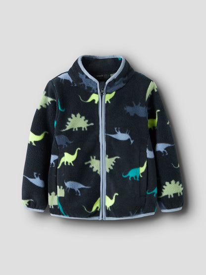 Fleecejacke mit Dinosaurier-Muster von NAME IT, weich und warm für Kinder, erhältlich im Bärechind in Winterthur, Zürich, Schweiz.
