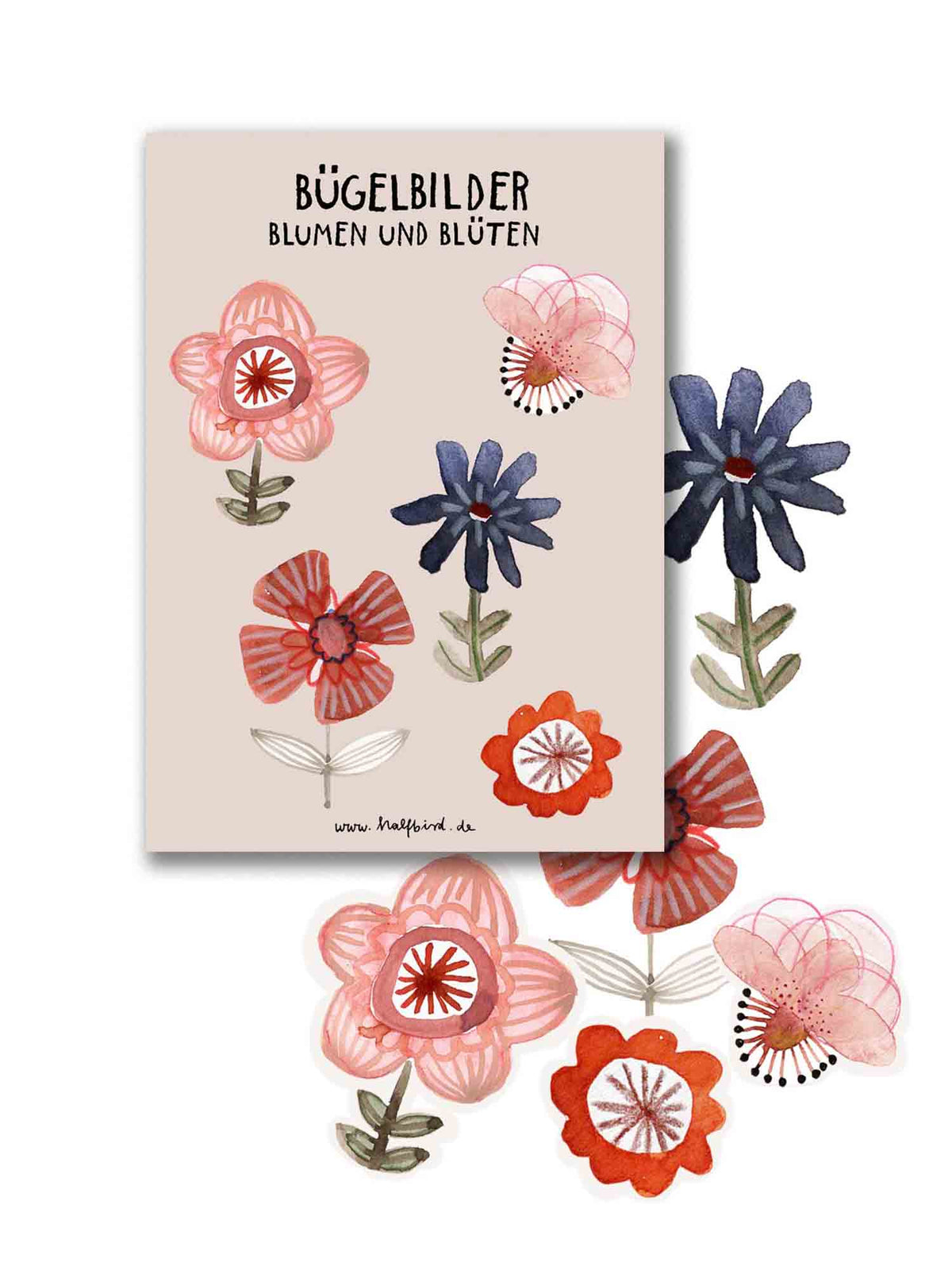 Set mit 5 Bügelbildern in Blumenform von Halfbird – zum Aufbügeln, erhältlich im Bärechind in Winterthur