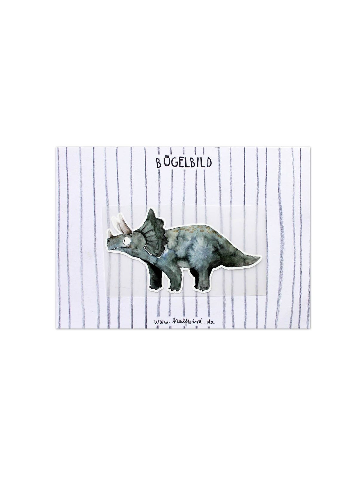 Das Bügelbild Triceratops von Halfbird auf der Originalkarte. Der Dinosaurier-Aufnäher eignet sich zum Verzieren und Reparieren von Kinderkleidung.