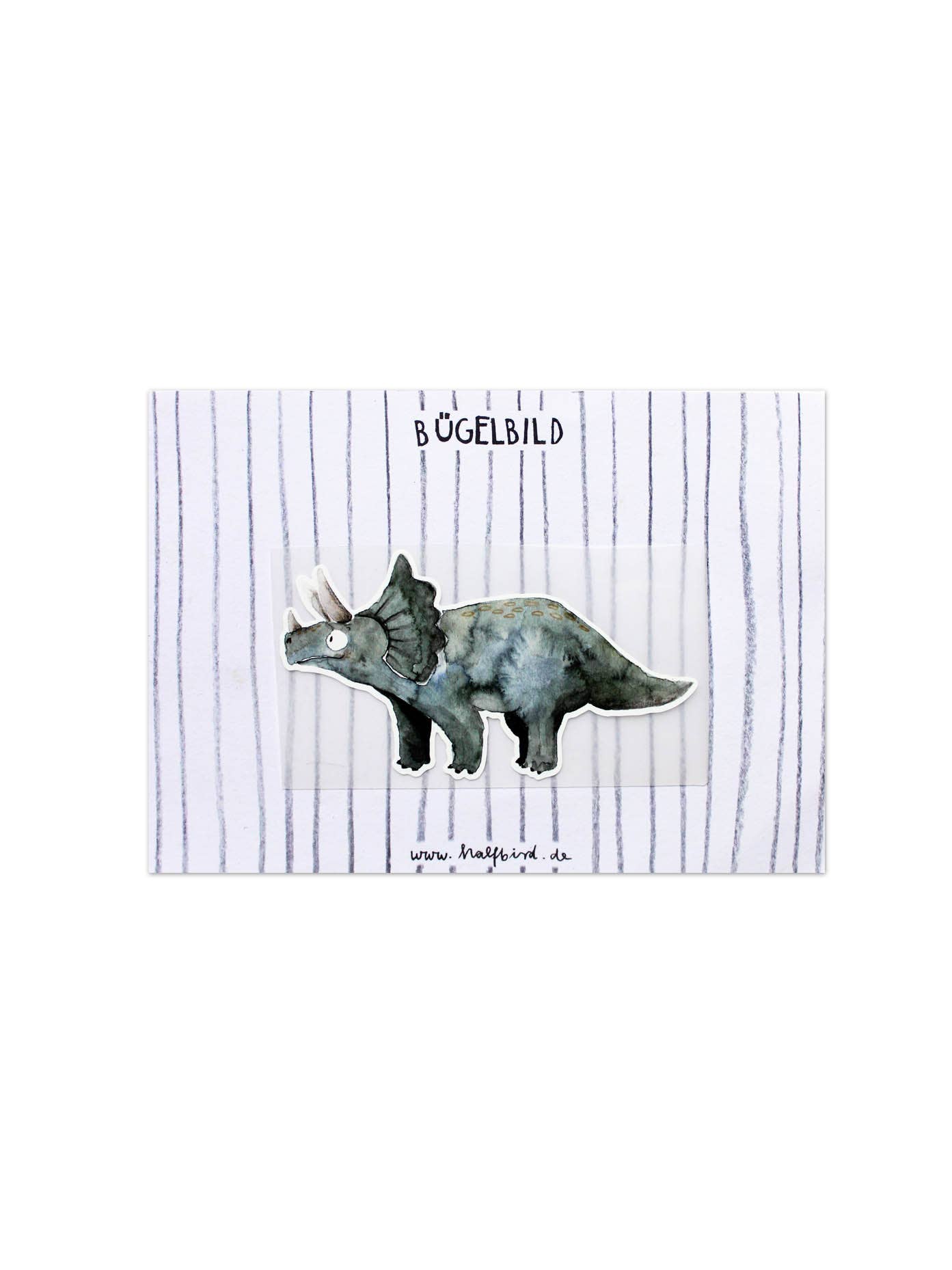 Das Bügelbild Triceratops von Halfbird auf der Originalkarte. Der Dinosaurier-Aufnäher eignet sich zum Verzieren und Reparieren von Kinderkleidung.