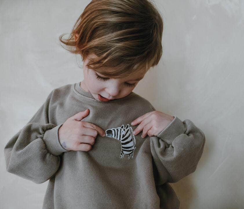 Das Bügelbild Zebra von Halfbird auf einem Kinderpullover als kreative Verzierung und nachhaltige Reparaturlösung. Erhältlich im Bärechind Winterthur.
