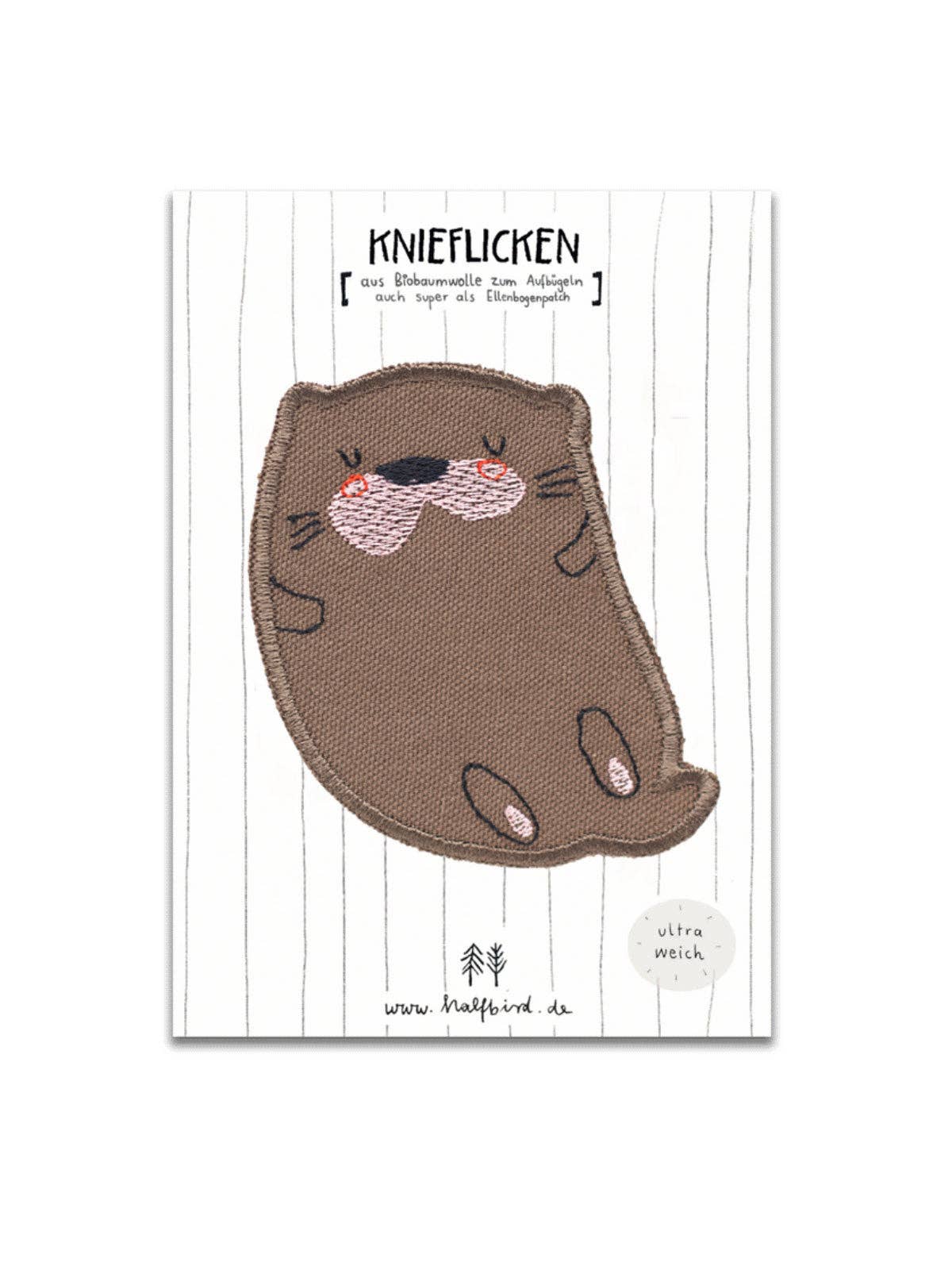 Verpackter Otter-Knieflicken von Halfbird – süss & nachhaltig, erhältlich in Winterthur, Schweiz.