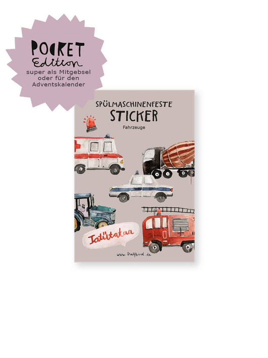 Halfbird spülmaschinenfeste Sticker Fahrzeuge Pocket Edition mit 7 Fahrzeugmotiven für Trinkflaschen und Znüniboxen im Bärechind Winterthur