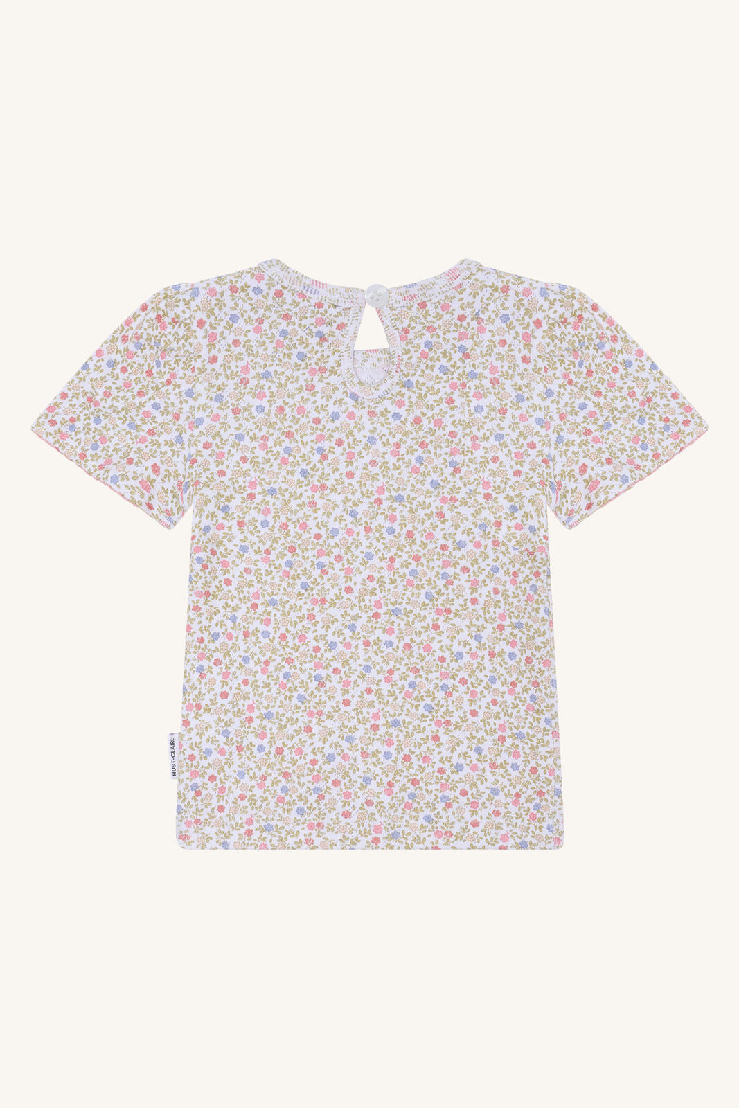 Hust&Claire Alma Blooming GOTS Baumwoll T-Shirt in Weiss mit Blumenmuster, Rückansicht, im Bärechind Winterthur, Zürich, Schweiz.