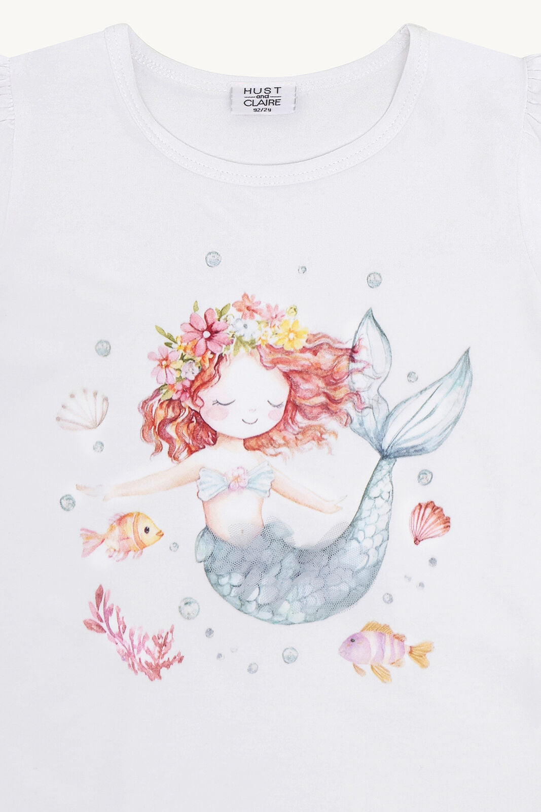 Detailansicht Meerjungfrauen-Motiv vom Hust&Claire Alma T-Shirt aus Baumwolle in Weiss, Bärechind Winterthur Zürich Schweiz.