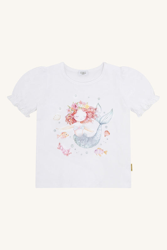 Hust&Claire Alma Mermaid T-Shirt in Weiss aus Baumwolle mit Meerjungfrauen-Motiv, Vorderansicht, Bärechind Winterthur Zürich Schweiz.