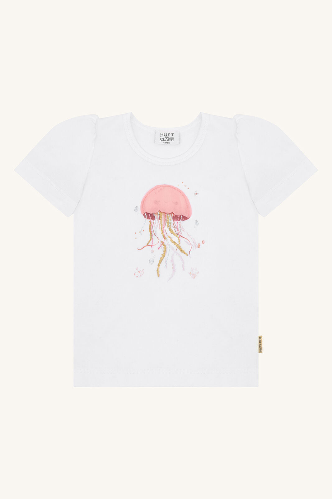 Hust&Claire Alma Baumwoll T-Shirt in Weiss mit Quallenmotiv, Vorderansicht, im Bärechind Winterthur, Zürich, Schweiz.