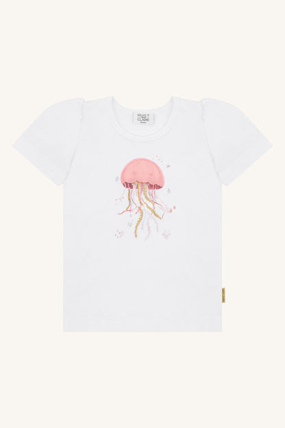 Hust&Claire Alma Baumwoll T-Shirt in Weiss mit Quallenmotiv, Vorderansicht, im Bärechind Winterthur, Zürich, Schweiz.