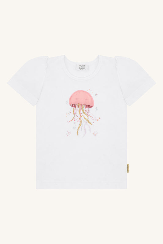 Hust&Claire Alma Baumwoll T-Shirt in Weiss mit Quallenmotiv, Vorderansicht, im Bärechind Winterthur, Zürich, Schweiz.
