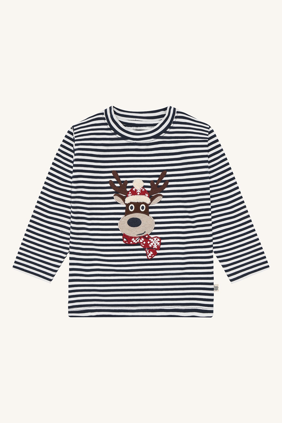 Hust & Claire Anton Langarmshirt mit Rentier-Applikation auf dunkelblau-weissen Ringeln, Vorderansicht
