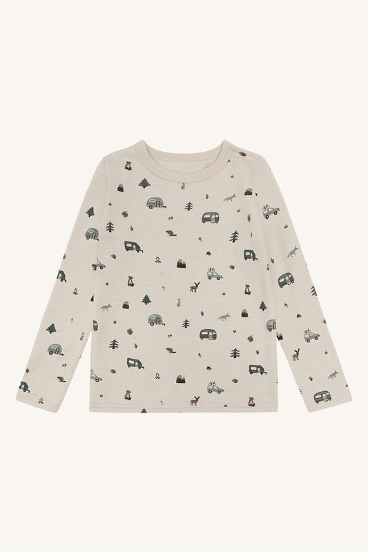 Awo Merino Langarmshirt von Hust & Claire mit Campingprint in French Oak, Vorderansicht