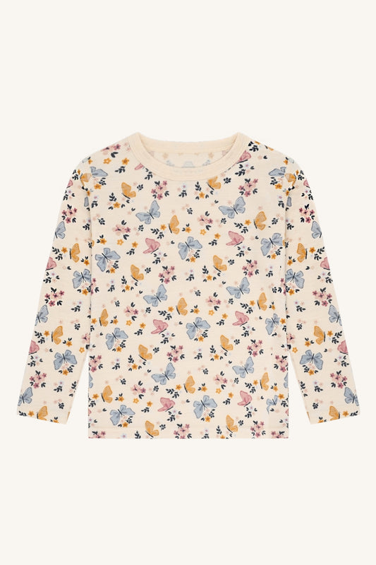 Awo Merino Langarmshirt von Hust & Claire mit Schmetterlingsprint in Off White, Vorderansicht