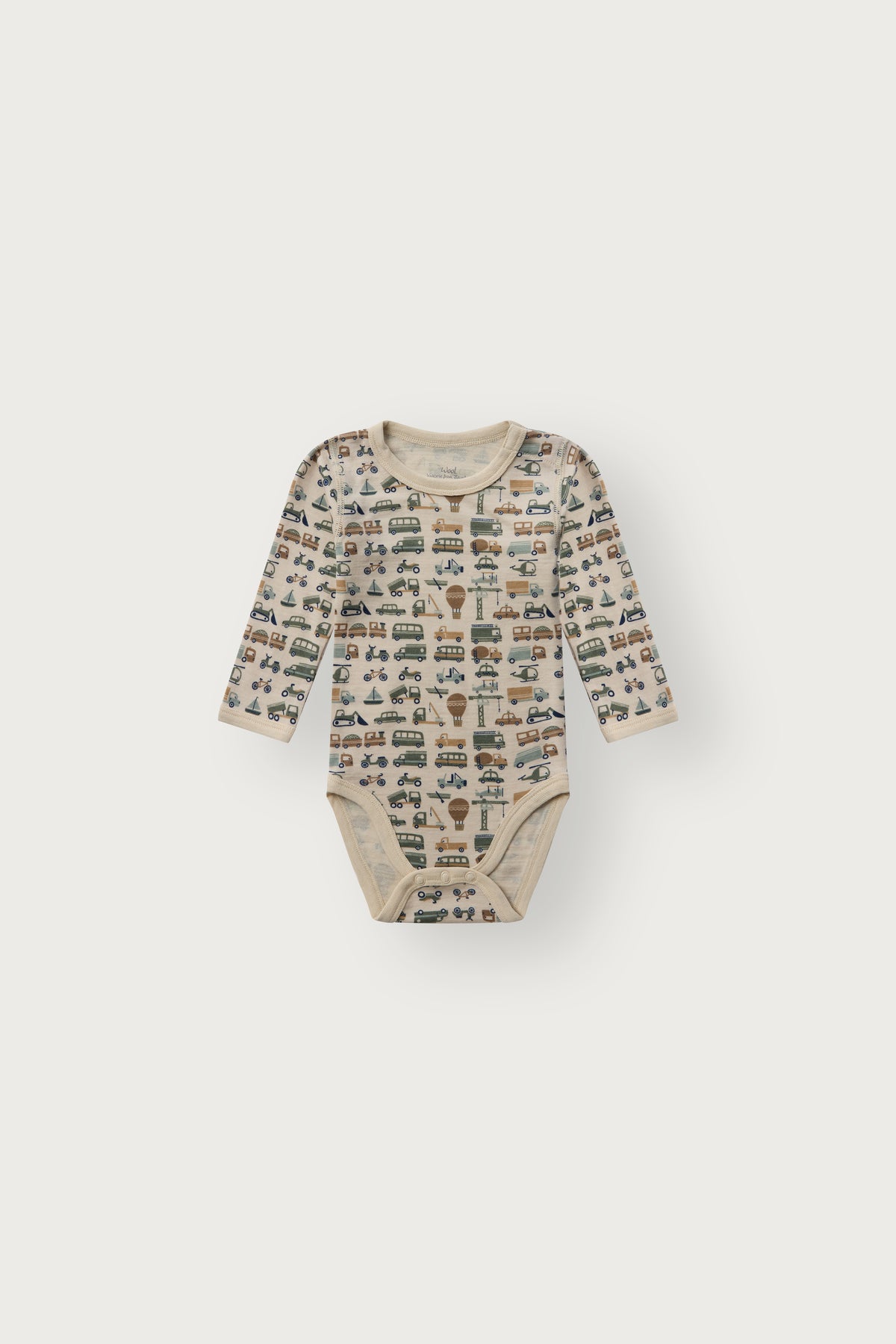 Baloo Merino/Bambus Langarmbody mit Fahrzeugprint, French Oak, Vorderansicht