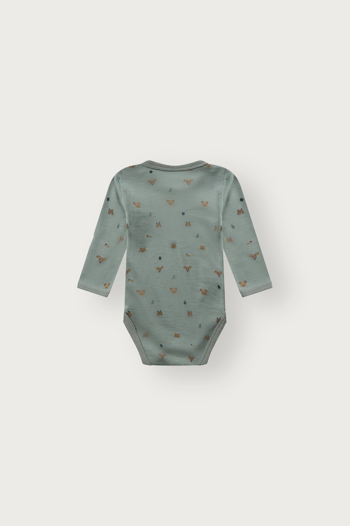 Rückansicht des Baloo Langarmbodys mit Waldtierprint in Slate green