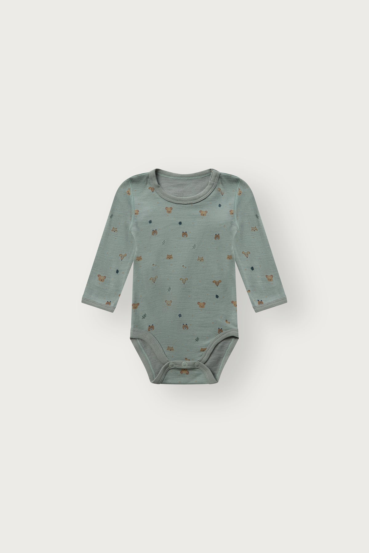Baloo Merino/Bambus Langarmbody mit Waldtierprint, Slate green, Vorderansicht