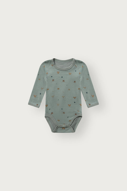 Baloo Merino/Bambus Langarmbody mit Waldtierprint, Slate green, Vorderansicht
