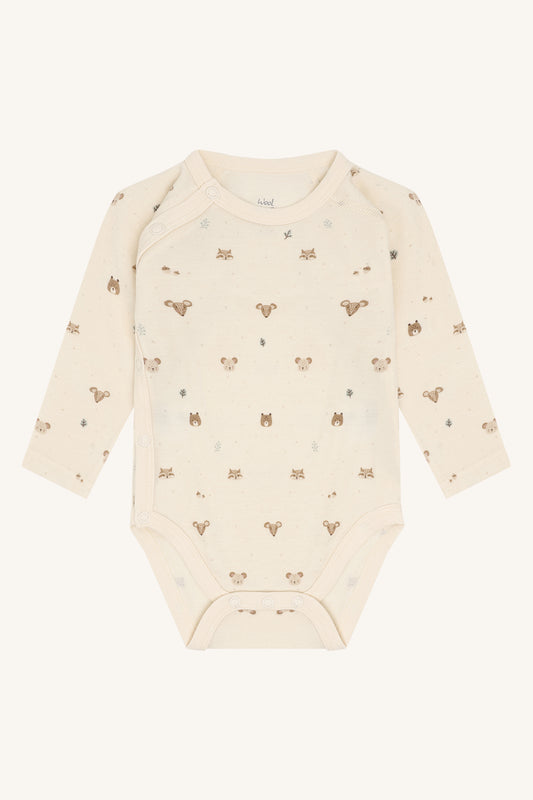 Baloo Merino/Bambus Wickelbody mit Waldtierprint, Off White, Vorderansicht