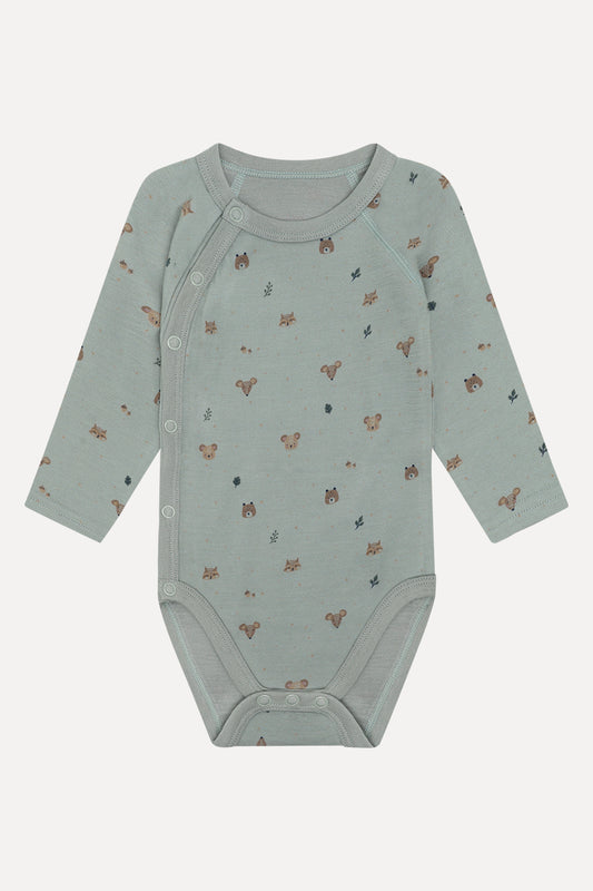 Baloo Merino/Bambus Wickelbody mit Waldtierprint, Slate green, Vorderansicht