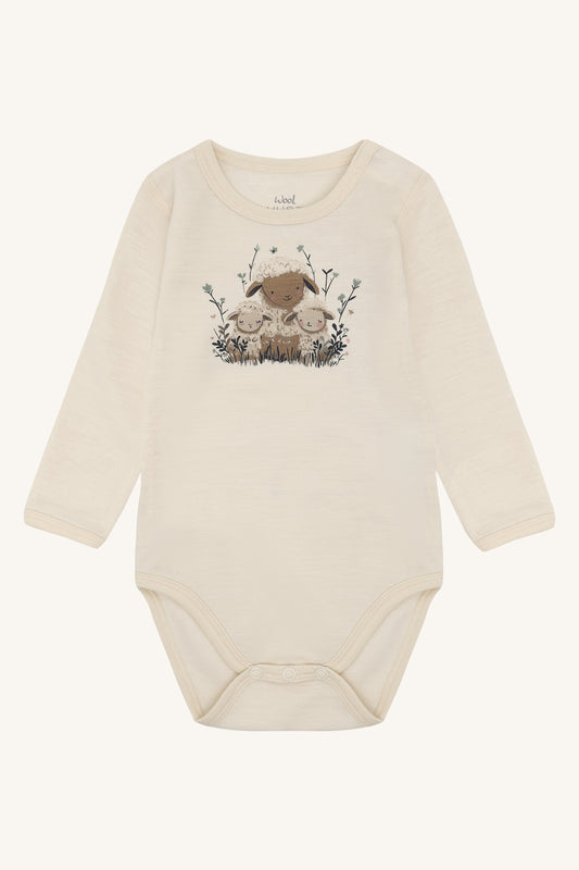 Bo Merino Langarmbody mit Schafmotiv in Off White, Vorderansicht