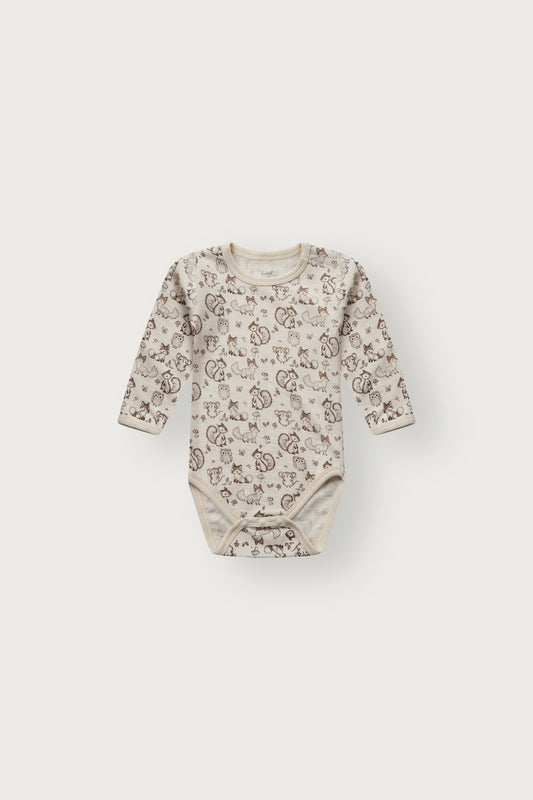 Bo Merino Langarmbody mit Waldtierprint in Off White, Vorderansicht