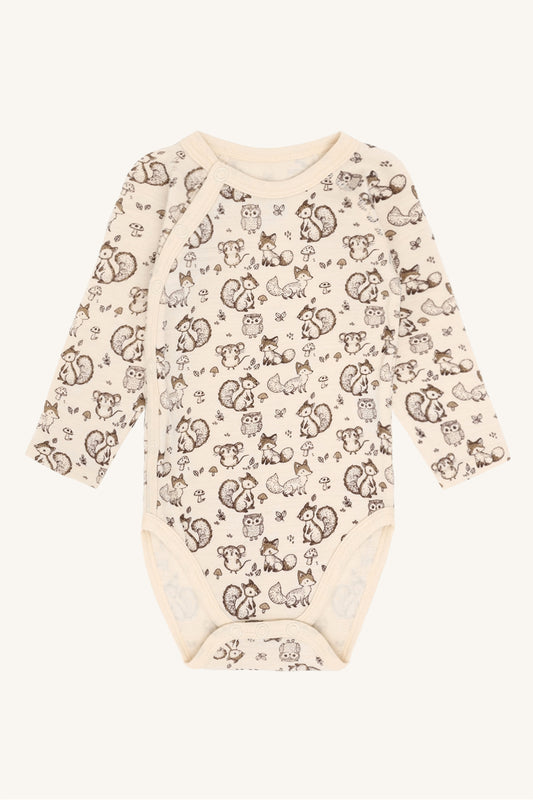 Bo Merino Wickelbody mit Waldtierprint in Off White, Vorderansicht
