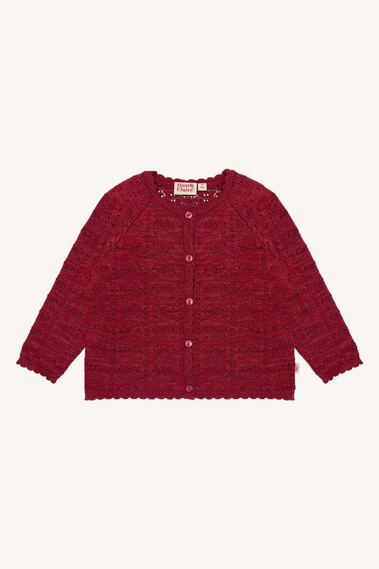 Hust & Claire Cilja Ajour-Strickjacke in Teaberry mit Glitzerfaden, Knopfleiste und Wellenkanten